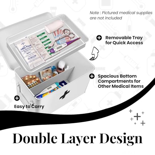 Flexzion First Aid Box Organizer Empty 13" White Vintage First Aid Kit Tin Metal Medical Box - First Aid Storage Box Container Bins with Dividers, Removable Tray and Black Cross Logo