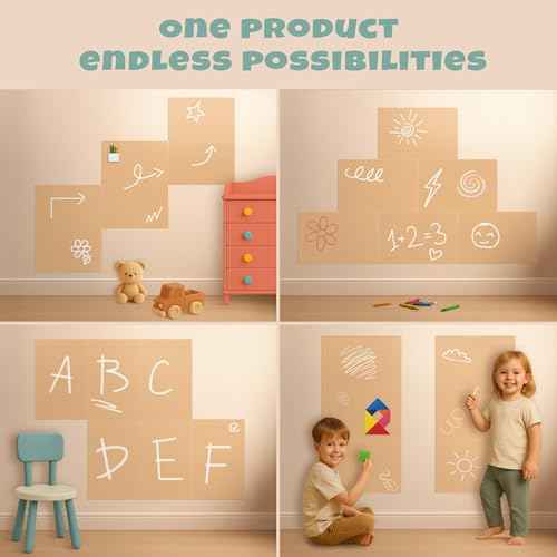 Magnetic Chalkboard Wall Decal for Kids ? Set of 6 Peel and Stick Magnet Sheets with Chalk, Tangram Puzzle, and Holder ? Modular Learning and Drawing Board for Homeschool, Playroom, Classroom