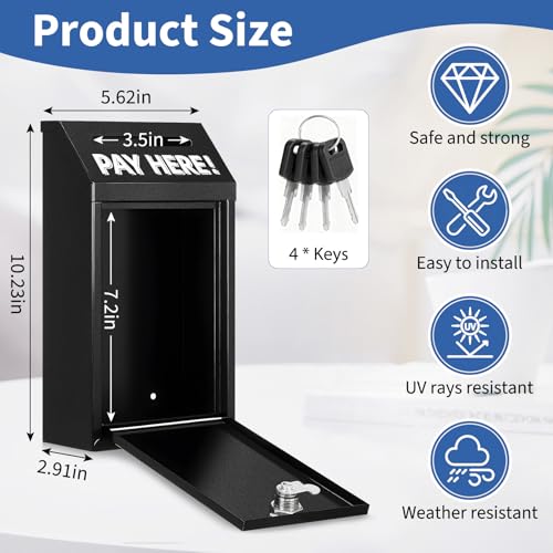 Hualleko Black Metal Donation Box with Lock & Slot - Wall Mount Secure Cash Container