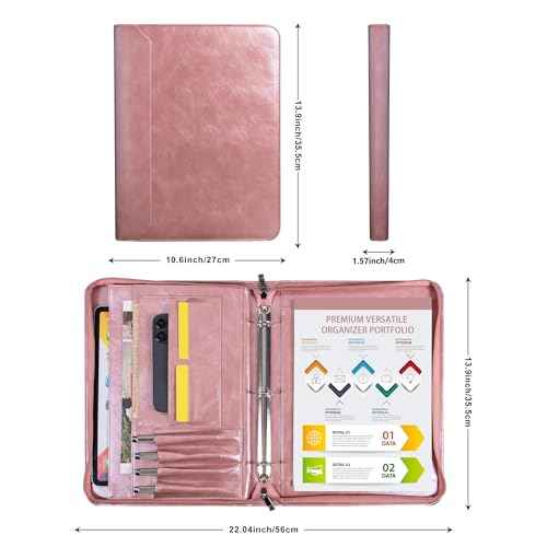 Rose Gold Padfolio,Vegan Leather Portfolio for Women,3-Ring Binder with Zipper, A4 Planner Binder with Laptop Pocket,Legal Size Portfolio,WorkBinder Organizer for Women and Girls