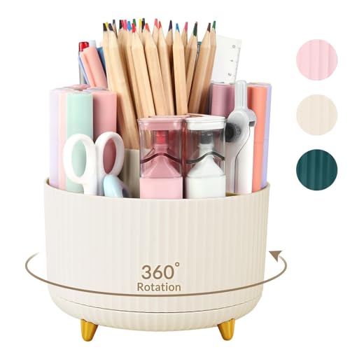 Beige SKYDUE 360° Rotating Plastic Desk Pen Organizer with 5 Slots - Office & Home