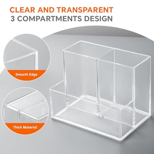 Banafich Clear Acrylic Pen Holder with 3 Compartments for Desk & Office