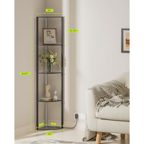 JACKYLED 5-Tier Corner Display Shelves, RGB Led Floor Lamp Corner Storage for Books Perfume Shelf with Light, Remote and App Control Music Sync Scheduled On/Off Tall Curio Cabinet