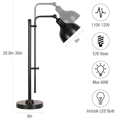 PARTPHONER Industrial Adjustable Desk Lamp for Home Office, Farmhouse Table lamp, Rustic Metal Task Desk Lamp in Aged Bronze Finish, Vintage Reading Lamp for Study Room, Black