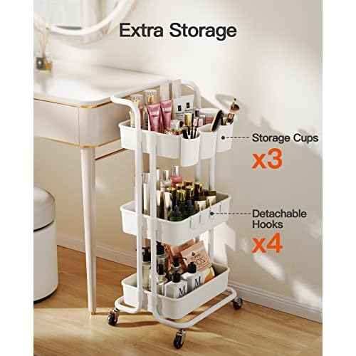 Pipishell 3-Tier Rolling Cart with Wheels - Rolling Storage Cart with Hanging Cups & Hooks - Mobile Utility Cart for Office, Kitchen, Craft Room - Art & Craft Organizer, White, PIUC06W