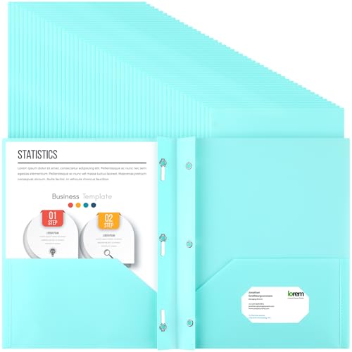 Patelai 48 Pcs Plastic Folders with 2 Pockets and 3 Prongs Home Folders with Card Slot Letter Size Heavy Duty Report Covers for Back to School(Mint Green,Classic)