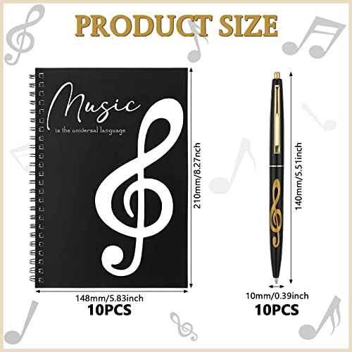 10 Set Music Themed Stationery Gifts Sets Including 10 Pcs Music Composition Manuscript Clef A5 Notebook and 10 Pcs Ballpoint Pens Music Gifts Bulk for Music Teachers Students