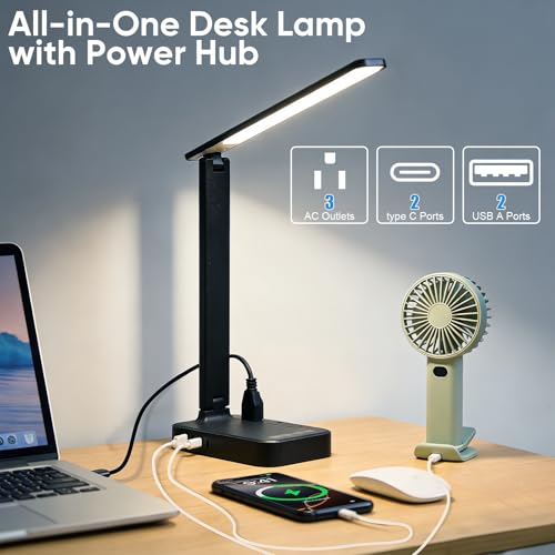 Karidi LED Desk Lamp with Power Strip, USB-C & AC Outlets, Dimmable Touch Light