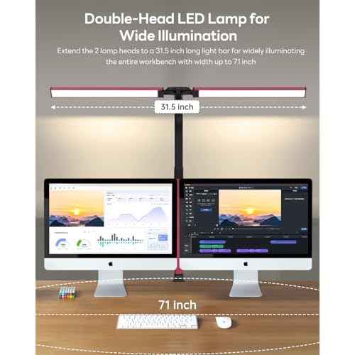 LED Desk Lamp for Home Office, Eye-Caring Desk Light with Clamp, Stepless Dimming 24W Double Head Architect Task Lamp with Remote Control, Flexible Gooseneck for Working Studying Reading Drafting£¨RED)