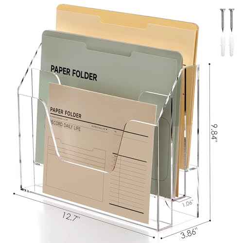 DINGHUO Acrylic Hanging Wall File Folder Organizer for Desk, Clear 3 Tier Document Paper Magazine Holder for Home, Office Organization, School - 1 Pack