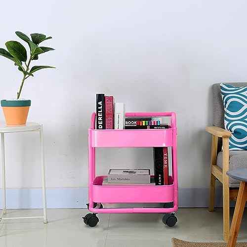 Melody House 2-Tier Metal Mesh Rolling Cart Storage Organizer with Utility Handle and Wheels, Multi-Functional Storage Trolley for Office Living Room Kitchen, Pink