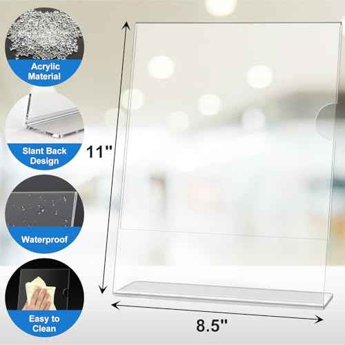 15 Pack Acrylic Sign Holder 8.5 x 11, L-Shape Clear Plastic Display Stand for Tabletop, Acrylic Stands for Flyers, Table Paper Holder, Vertical Sign Holder 8.5x11 for Restaurants, Office and School(Slant 15 Pack 8.5x11)