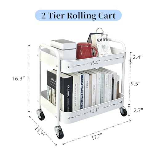 White 2-Tier Rolling Cart with Hooks for Under Desk & Pantry Storage - LIWNYRK