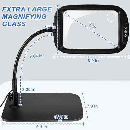 10X 30X 7 Inch Extra Large Magnifying Glass with Light and Stand, 5 Color Modes Magnifying Lamp Adjustable Lighting Level, Flexible Gooseneck Hands Free Reading Magnifier for Books Crafts Close Work