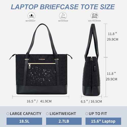 VANKEAN Laptop Bag for Women, 15.6 Inch Work Bag Waterproof Computer Shoulder Bag with USB Port, Large Tote Bag for Work Business Travel, Quilted Black