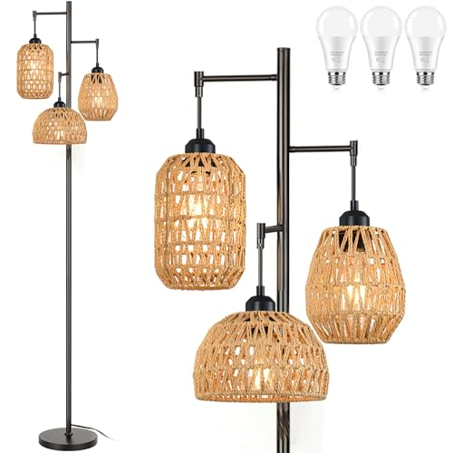 Boho Floor Lamp for Living Room Bedroom,Farmhouse Floor Lamps with 3 Rattan Wicker Shades,Rustic Black Vintage Standing Lamp Light 68" Tall Tree Floor Lamp for Office,Reading,Corner