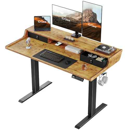 ErGear Electric Standing Desk with Drawers, 48¡È x 24¡È Gaming Table Compatible Monitor Stand, Stand up Desks, Home Office Height-Adjustable Desk with Storage Shelf, 4 Preset Heights, Vintage Brown