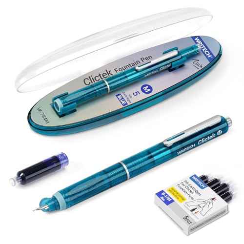 WRITECH Clictek Fountain Pen Set: Retractable Style Blue Ink Medium Nib Transparent Barrel, Includes 5 Ink Cartridges for Gift Set, Smooth Writing No Leaking