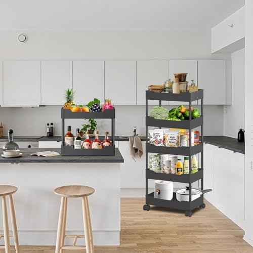 5-Tier Plastic Rolling Utility Cart, Rolling Storage Cart, Narrow Shelf, Bathroom Organizer Rolling Utility for Office, Kitchen,Bathroom,Living Room,Laundry Room