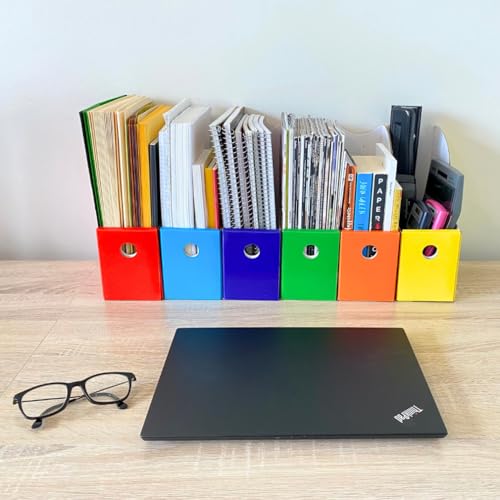 Set of 6 Multicolor Magazine File Holders - Office Desk Organizer, 4-inch Wide, Reinforced Front Panel
