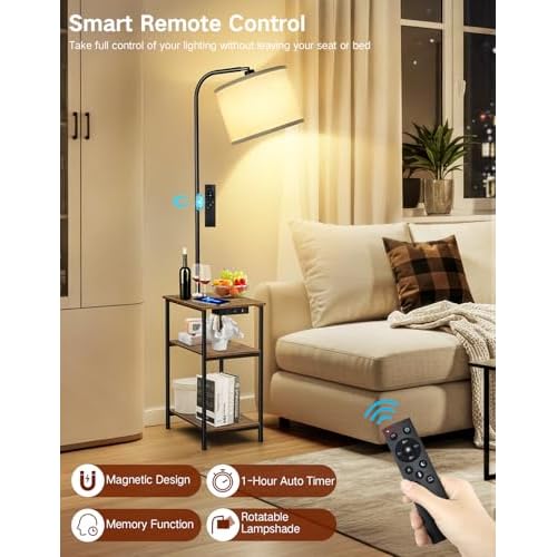 Floor Lamp with Table & Remote, Side End Table with Charging Station, Dimmable Nightstand with 3 Color Temperatures, 1-Hour Timer, 12W LED Bulb, for Living Room, Bedroom