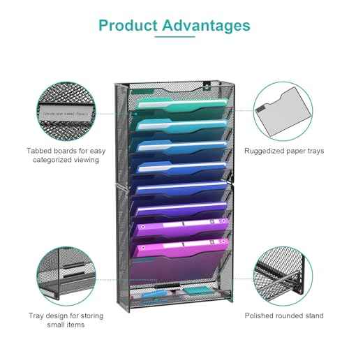 10 Tier Hanging Wall File Organizer, Wall File Holder Organizer Mounted Letter Mail Magazine File Rack With Flat Tray For Office Home School, Black