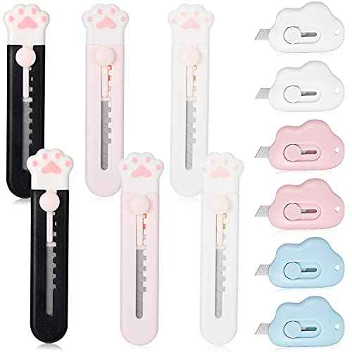 12 Pieces Cute Box Cutter Utility Retractable Knives, 6 Cartoon Kawaii Cat Claw Box Cutters Pointed, 6 Cloud Letter Opener Cardboard Envelope Slitter Knife for Office and Home Use