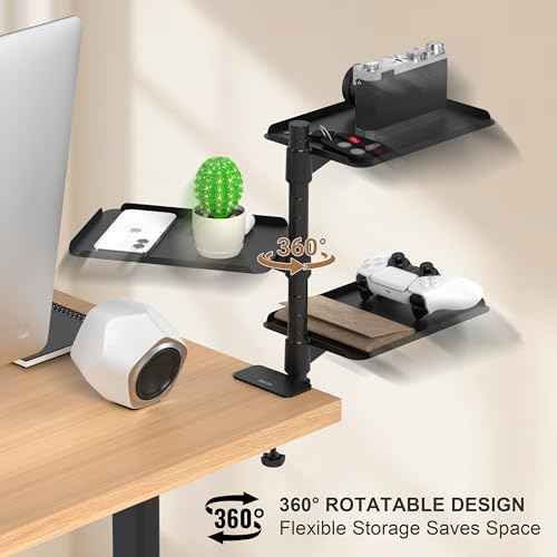 3 Tier Metal Clamp On Desk Shelf - 360¡Æ Rotatable Above/Under Table Storage, Adjustable Desktop Organizer for Home Office & Gaming, Storage Tray for Devices & Accessories