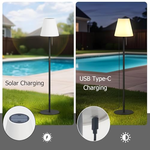 Solar Outdoor Floor Lamp USB Rechargeable Cordless Dimmable RGB Warm White LED Lights for Yard Garden Patio Round Base 59 inch Black