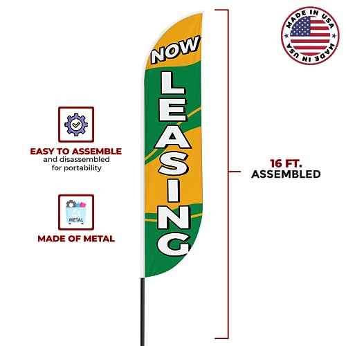 Now Leasing Sign feather flag for Outdoor by Mavis Printing | 11.5 FEET Long Polyester Outdoor Banner Flag for Easy Hang | HD Print Swooper I Flag Only to Advertise Real Estate Business I Flag Only