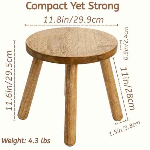 YOUEON Round Solid Wooden Step Stool, 11.8 Inch Non-Slip One Step Stool for Adults, Holds up to 300 Lbs, Portable & Sturdy, Footstool for Bedroom, Bathroom, Kitchen, Easy to Assemble