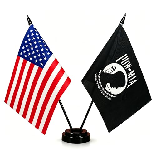 Pow Mia Twin Desk Flag - U.S. & POW/MIA American Flags Set, 8 x 5 Inches, Flag Stand Included