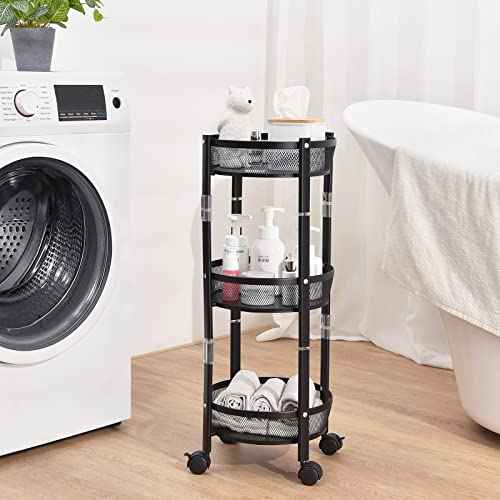 TOOLF 3-Tier Foldable Rolling Cart, Collapsible Metal Utility Cart with Wheels, Assembly-Free, Round Storage Organizer Trolley for Kitchen, Bathroom, Dorm, Nursery, Black