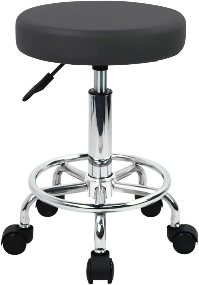 WKWKER Round Rolling Stool - Height Adjustable PU Leather 360° Swivel Chair | Grey with Footrest