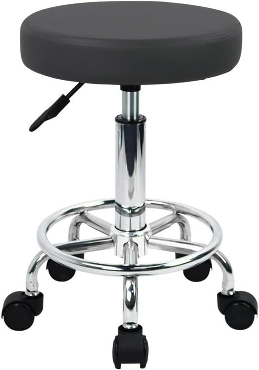 WKWKER Round Rolling Stool - Height Adjustable PU Leather 360° Swivel Chair | Grey with Footrest