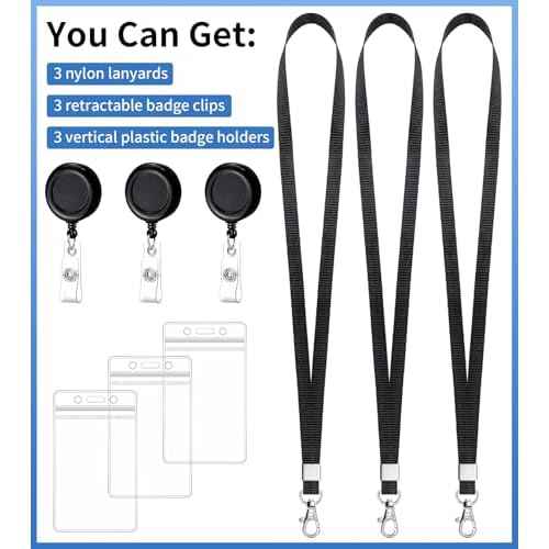 Teskyer 3 Pack Retractable Lanyards for ID Badges, Thick Clear Plastic ID Badge Holder with Lanyard and Badge Reel Clip for Name Work Cards, Cruise Ship Cards - Black