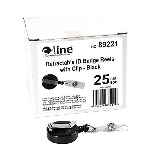 C-Line Retracting ID Card/Badge Reels, Belt Clip with Snap-On ID Strap, 30-Inch Cord, Black, 25-Pack (89221)