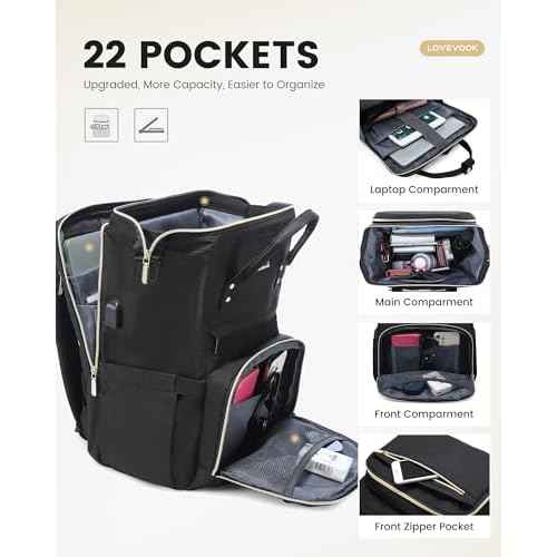 LOVEVOOK Laptop Backpack for Women, Travel with Compartment, Water Resistant Teacher Nurse Backpack, Anti-theft Back Pack Charger Work Doctor, 15.6-Inch, Black