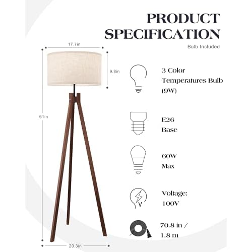 ELYONA Wood Tripod Floor Lamp, Mid Century Reading Standing Lamp with 3 Color Temperatures & Linen Shade, Modern Night Light for Bedroom, Farmhouse, Living Room, Office, 9W LED Bulb Included, Brown