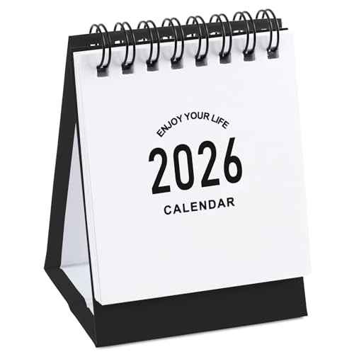 Mini Desk Calendar 2025-2026- Small Desktop Calendar Now to Dec 2026 Mini Daily Schedule Thick Paper Twin-Wire Binding with Stickers for Home Office School (Black-white)