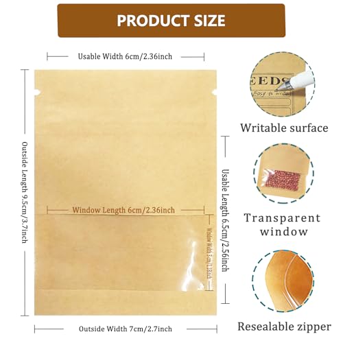 FERENLI 100 Pack Seed Envelopes with Clear Window, Resealable Kraft Paper Packets - 2.7x3.7 Inch