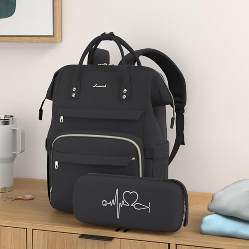 LOVEVOOK Laptop Backpack for Women with Stethoscope Case & USB Charging Port Nurse Backpack Anti Theft Travel Backpacks Doctor Bag Fits 17Inch Laptop and Notebook,Black
