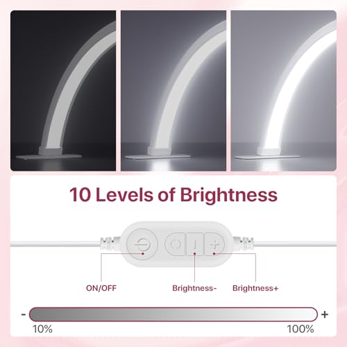 Half Moon Light for Nail Desk 29 inch, Foldable Nail Light for Desk with Phone Holder 3000K-6000K 10 Adjustable Brightness, LED Table Lamp for Manicure, Tattoos, White with Diamonds