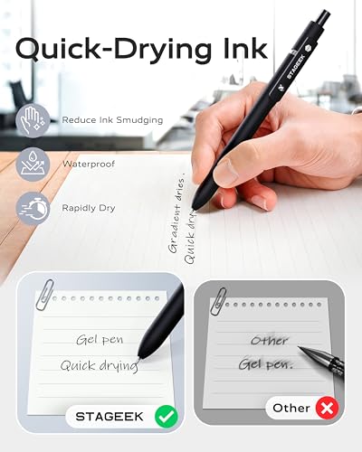 STAGEEK GX3 Black Gel Pens 6 Pack with 3 Refills, Quick Dry, Smooth Writing, Soft Grip, Fine Point, Gray & White Variants