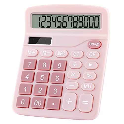 Office Desk Calculator with Solar Power, 12 Digits Large LED Display, Calculators Desktop with Big Buttons, Pink Office Home School Supplies (Pink)