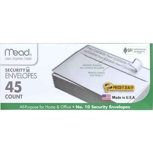 Mead #10 Security Business Envelopes Letter Size 4-1/8" x 9-1/2" ? Peel and Seal, Privacy Lined, No-Window, Press-It Seal-It Self-Adhesive for Home & Office Mailing, 45 Count (75026)