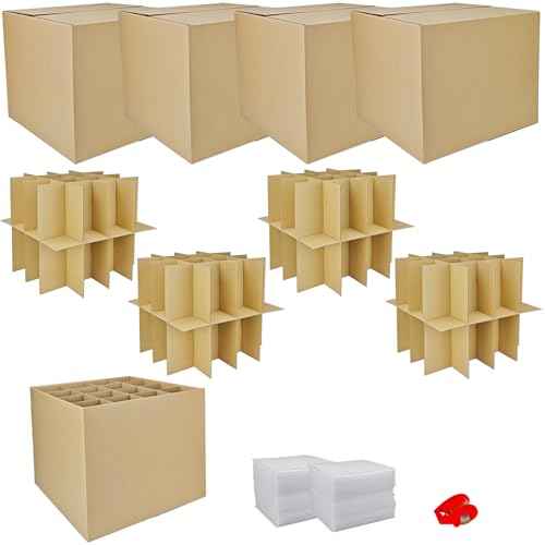 4 Sets Moving Boxes with Divider Kits,16 x 16 x 13 Inch Glassware Dish Packing Box Kitchen Moving Box Corrugate Dividers with 128 Pcs Foam Pouches,1 Pcs Tape Rolls with Dispenser(Two Layer)