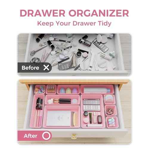 25 PCS Plastic Drawer Organizers Set, 4-Sizes Vanity and Makeup Organizer, Desk and bathroom Drawer Organizer Trays, Organizers and Storage for Makeup, Jewelry, Gadgets, Utensils (Pink)