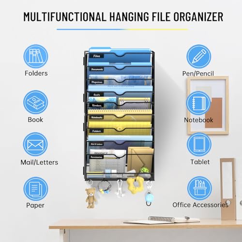 SUPEASY 10-Tier Wall File Organizer with Hooks - Black, Wall Mounted Mail Sorter