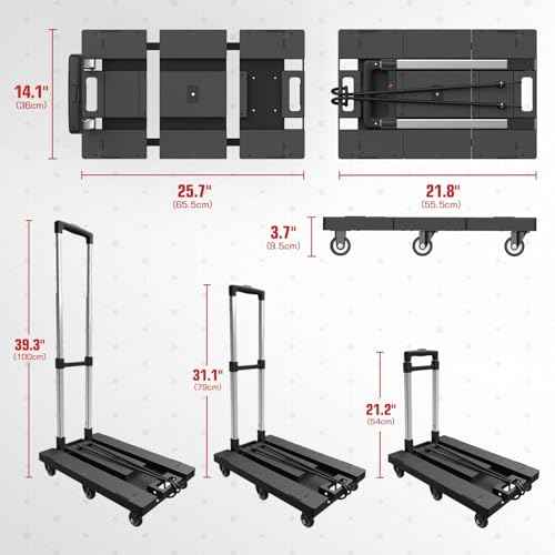 DNA MOTORING Folding Hand Truck Dolly Cart, 176lbs Capacity Foldable Dolly Cart, Heavy Duty Collapsible Luggage Cart, Platform Hand Truck, w/Telescopic Handle, 2 Bungee Cord, Red, TOOLS-00745